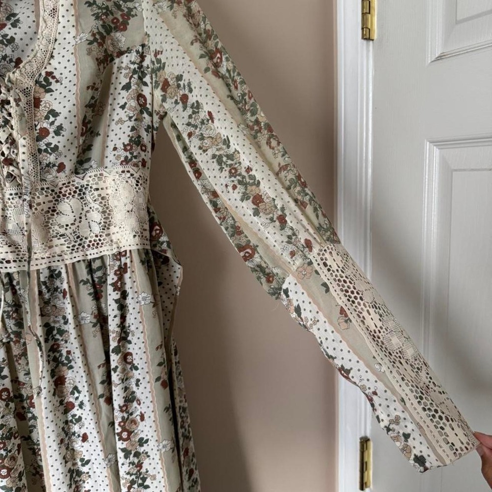 Vintage 70s Handmade Lace, Floral + Polka Dot Maxi Dress XS prairie boho green - Picture 4 of 8